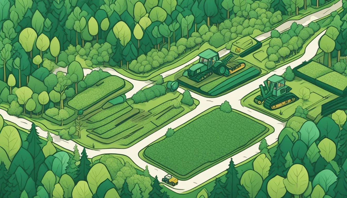 Vibrant green forest being cleared for farmland, with trees being cut down and bulldozers leveling the land