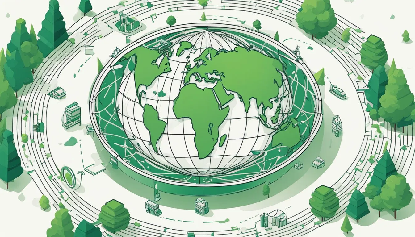 The scene depicts a globe surrounded by a ring of interconnected arrows, symbolizing global cooperation and the flow of environmental policies under the Kyoto Protocol