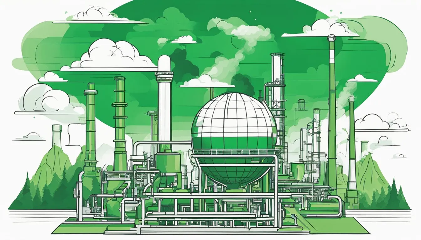 The Kyoto Protocol: a globe surrounded by industrial smokestacks, with a scale symbolizing emissions reduction
