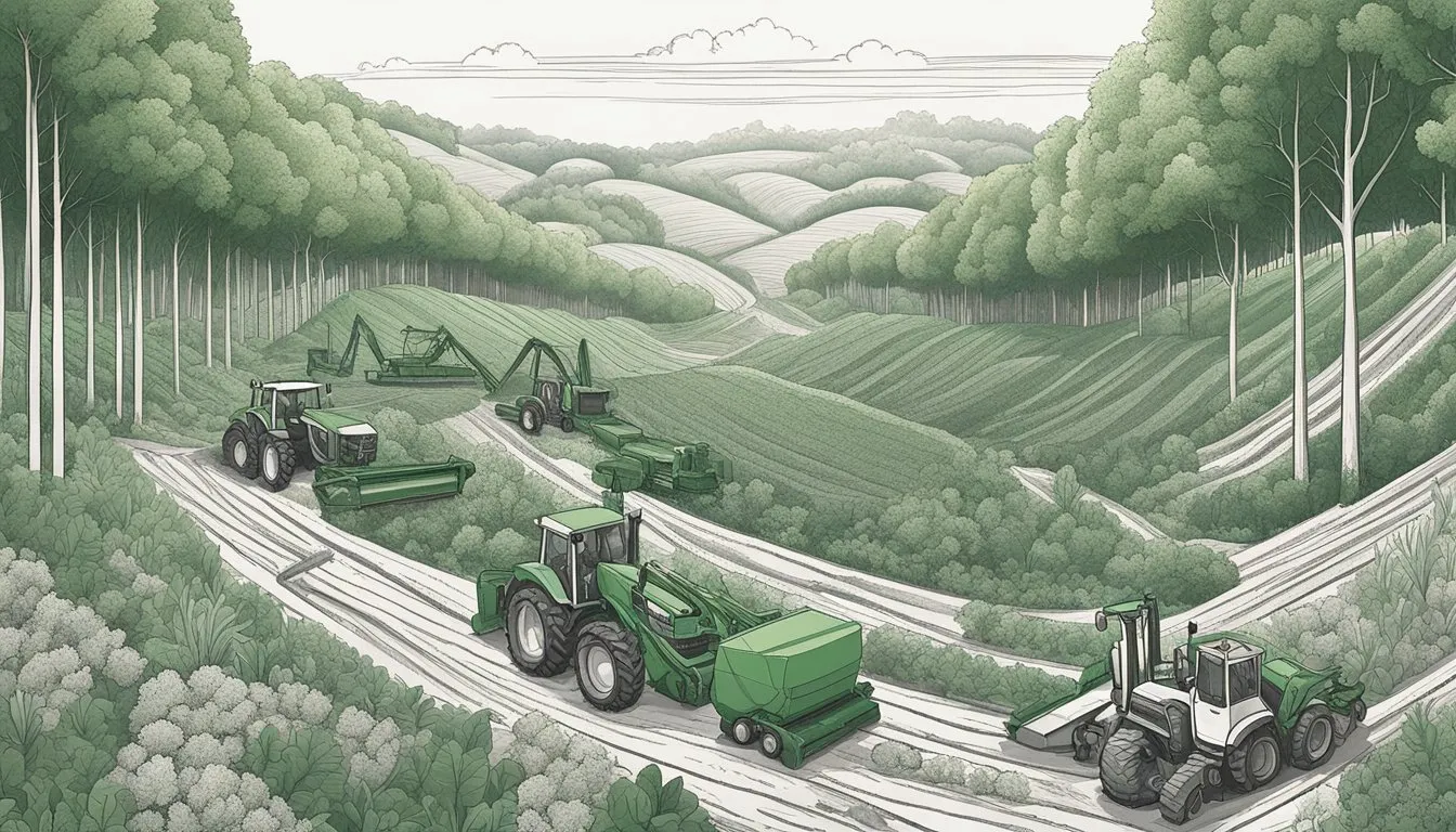 Agricultural expansion leads to tree clearing for crops, contributing to deforestation. The scene shows a lush forest being replaced by fields and machinery