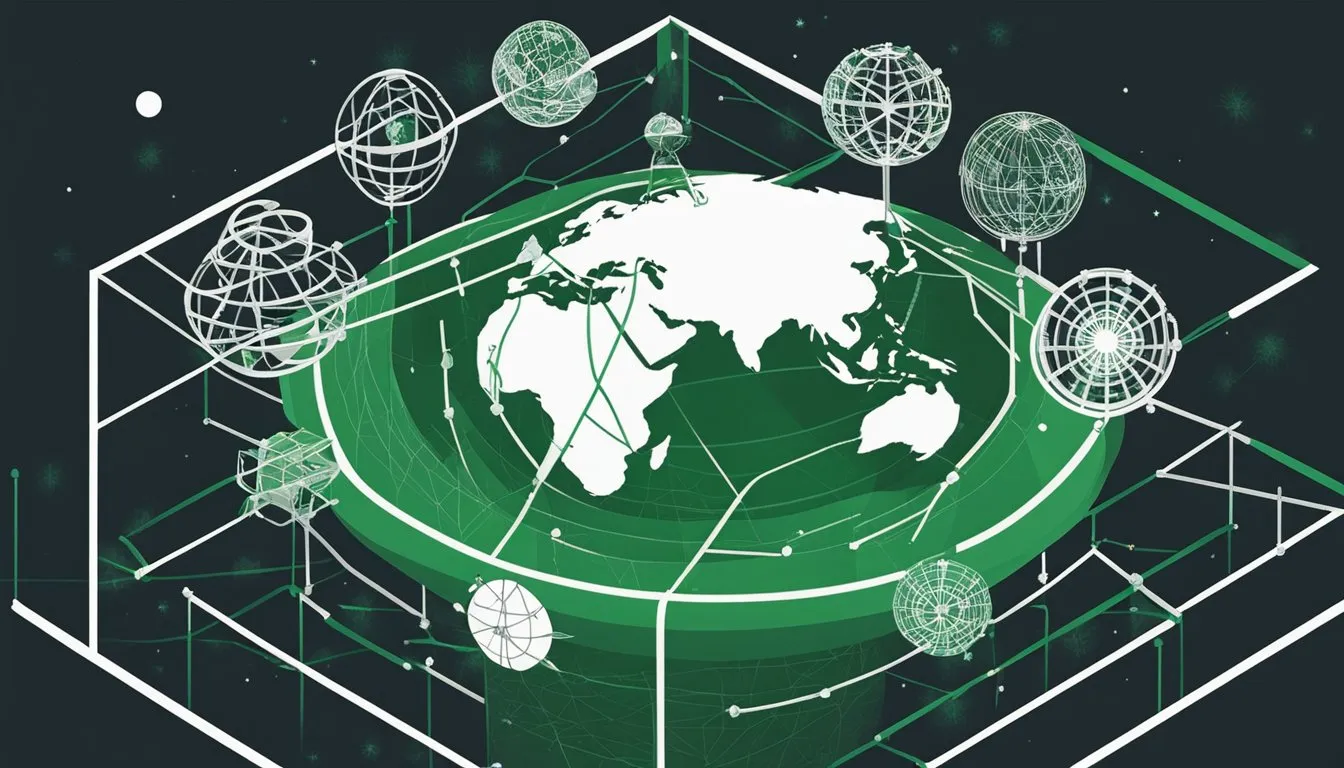 The scene depicts a globe surrounded by a web of interconnected arrows, symbolizing the impacts and effectiveness of the Kyoto Protocol