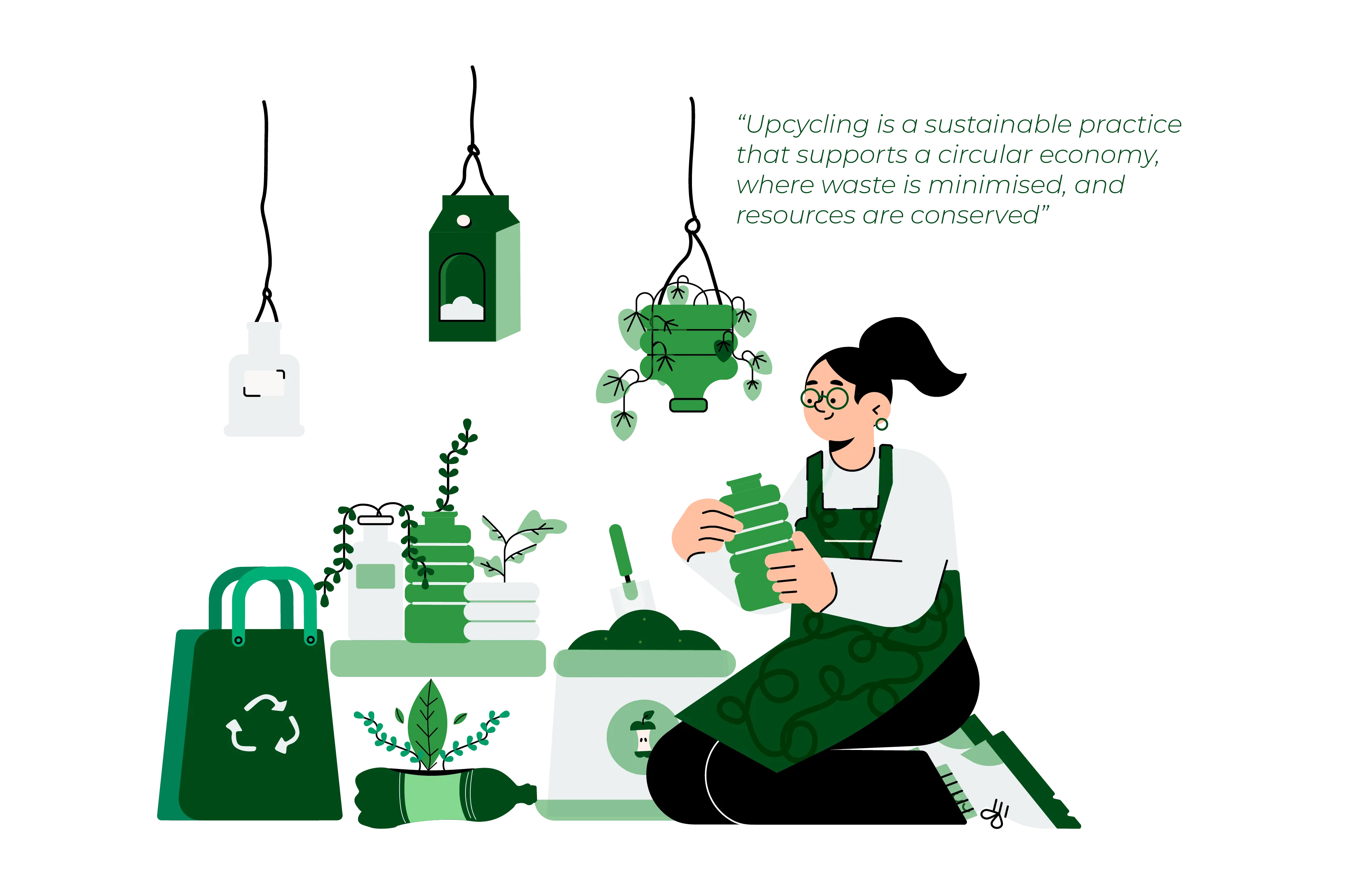 A girl sits on the floor holding a plastic bottle, which she plans to repurpose. Above her, three bottles are suspended from the ceiling, serving as plant pots. In front of her are various pots, some of which are made from reused materials, and a table behind her displays more repurposed pots. A bag with the Upcycling logo can be seen in the background.
