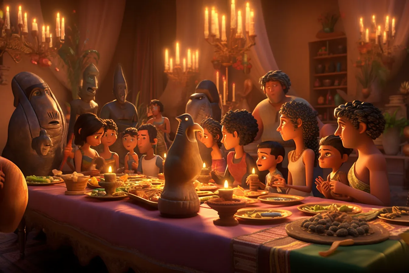 Captivating 3D animation scene featuring ancient civilisations gathered around a grand banquet table adorned with a luxurious, eyecatching green tablecloth.