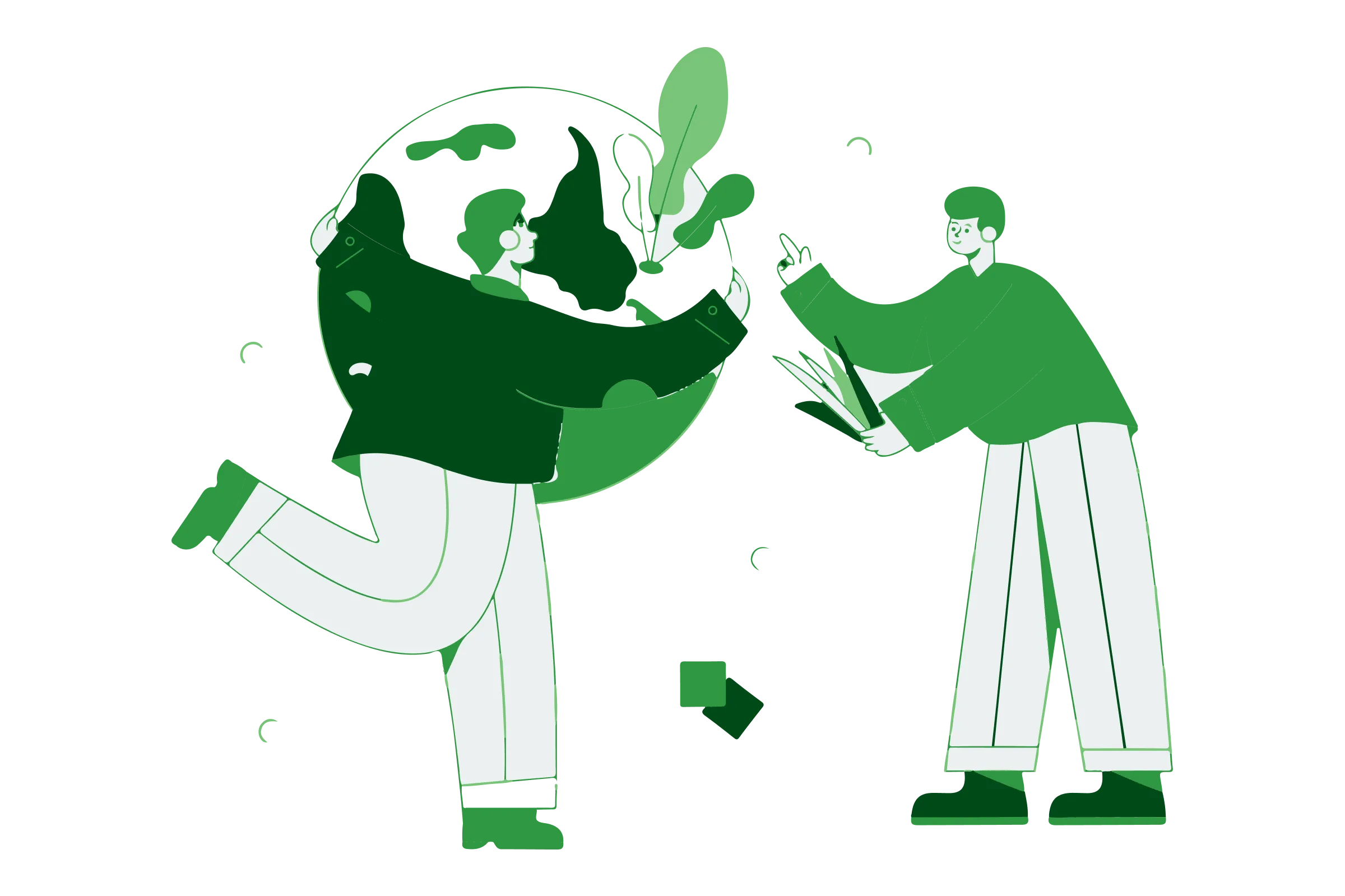 Two people demonstrating social sustainability - one holding a globe and connecting with the other person, while the second person holds plants in their hand. The image represents the importance of social connections and environmental sustainability in creating a more sustainable world.