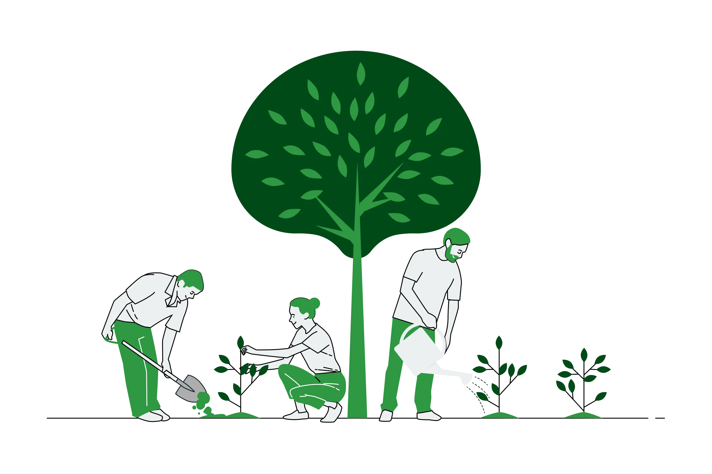  An image titled “Addressing forest loss through reforestation” showing three people planting trees on soil. The image depicts individuals engaged in reforestation efforts by growing plants on the ground. In the background, a tall tree can be seen, symbolising the positive impact of reforestation and promoting environmental conservation.