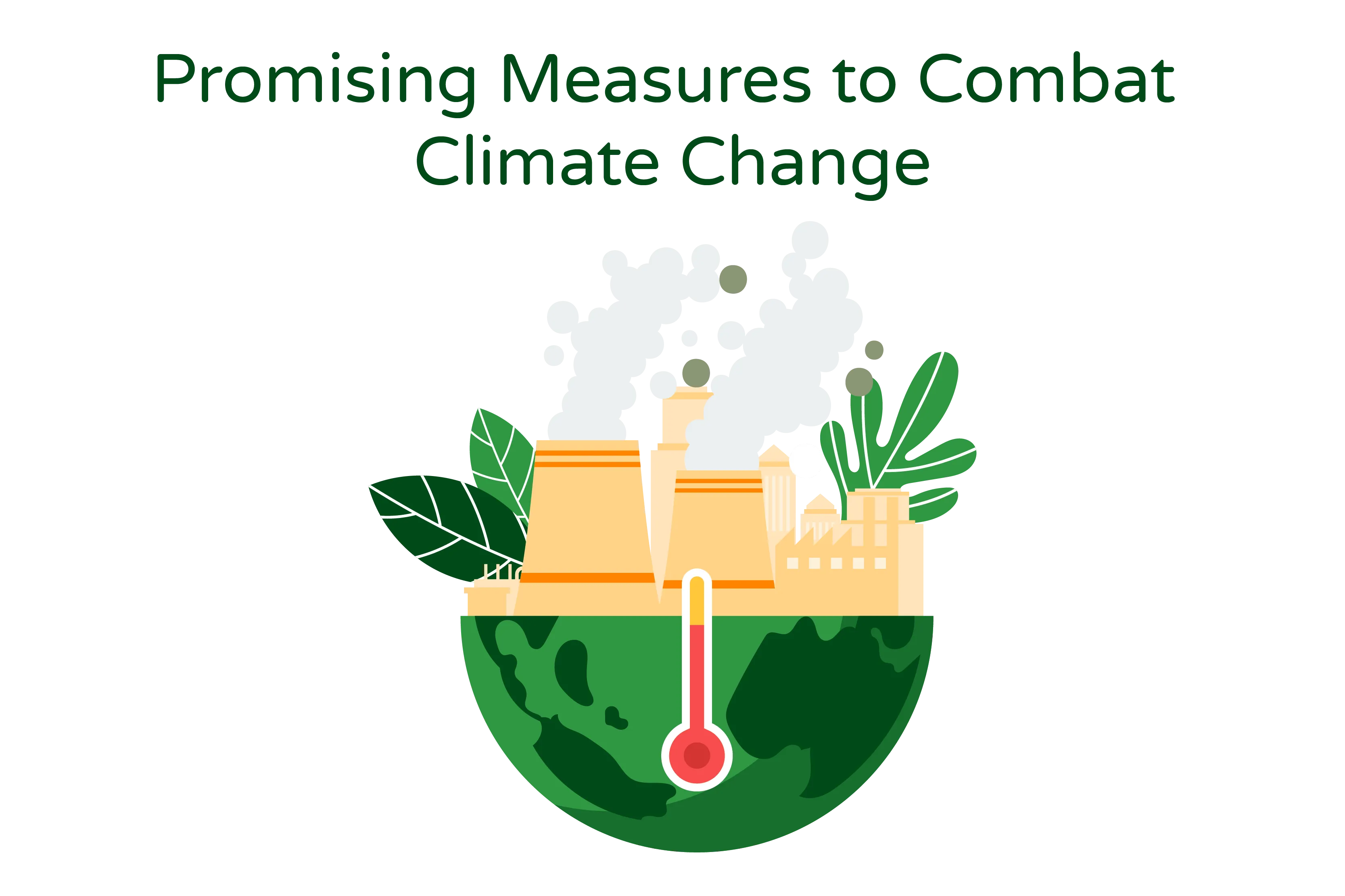 Image titled ‘Promising Measures to Combat Climate Change.’ The image features a green-colored half globe, with industries emitting smoke and buildings depicted on top, symbolizing the need for promising measures to address climate change.