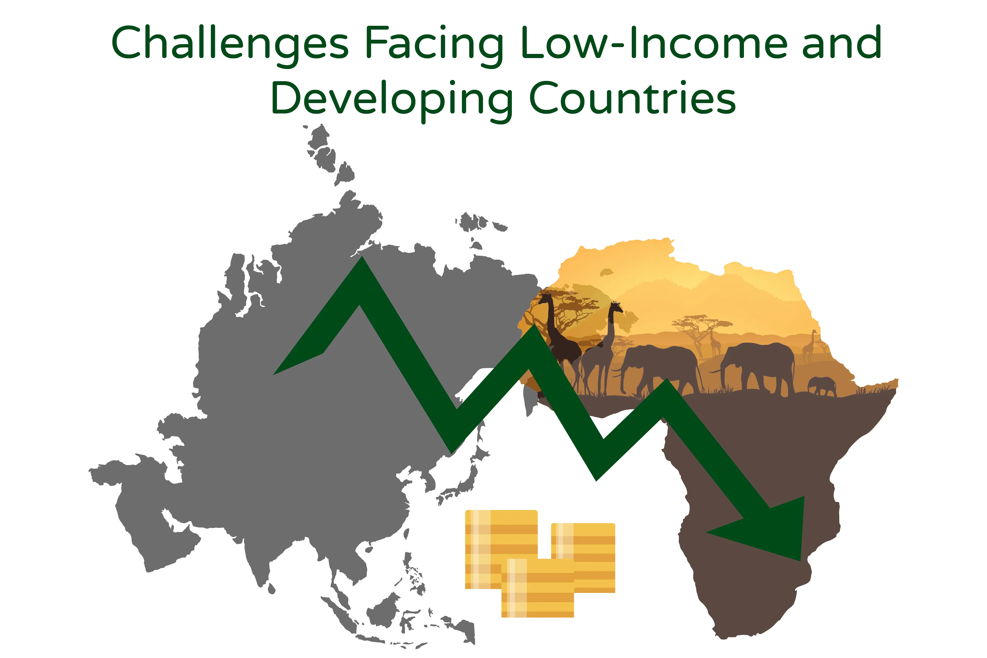 Illustration titled ‘Challenges Facing Low-Income and Developing Countries in the Context of Climate Change.’ The illustration depicts a map of Asia and Africa, highlighting regions with low-income symbols, symbolizing the challenges faced by these countries in the context of climate change.  The map of Asia and Africa represents areas that are particularly vulnerable to the impacts of climate change due to their low-income status and limited resources for adaptation.  The low-income symbols on the map emphasize the added challenges faced by these countries in dealing with climate change, such as increased frequency of extreme weather events, rising sea levels, changing rainfall patterns, and disruptions to agriculture and livelihoods.  The illustration visually communicates the idea that low-income and developing countries face unique and heightened challenges related to climate change, underscoring the urgent need for international support, climate financing, and capacity-building efforts to help these countries build resilience and mitigate the adverse effects of climate change on their communities and economies.