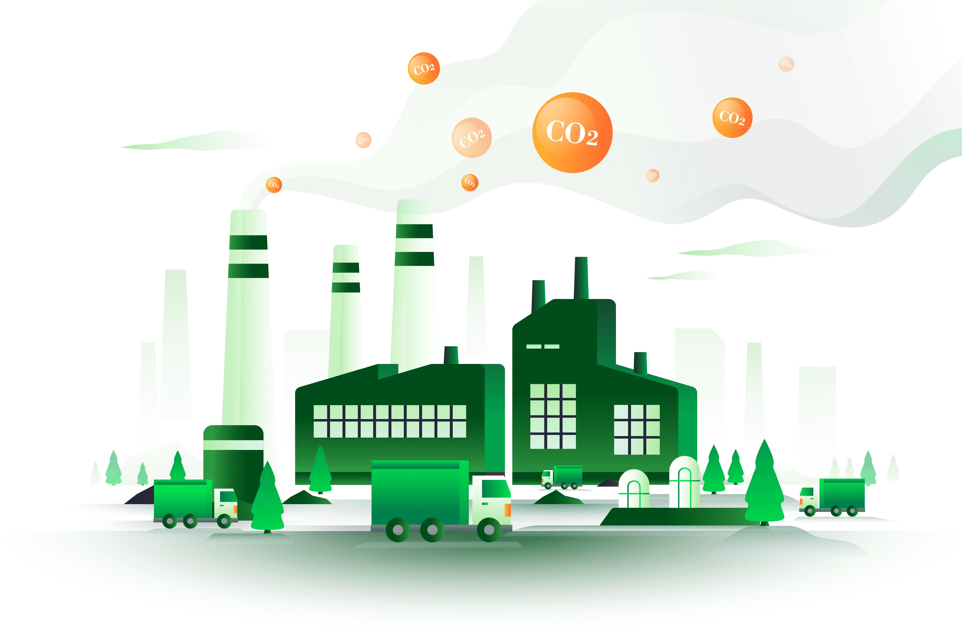 Illustration depicting the emission of CO2 from an environment, industry, and transportation sources. The illustration portrays a visual representation of an environment with trees, a factory symbolizing industry, and vehicles symbolizing transportation emitting CO2.  The representation of the environment signifies the natural surroundings and ecosystems. The factory symbolizes industrial activities, and the vehicles represent transportation emissions. CO2 is visually depicted as emissions from these sources.  The illustration aims to visually communicate the concept of CO2 emissions from industrial and transportation sectors, highlighting their impact on the environment and contributing to climate change. It underscores the need for sustainable practices and efforts to reduce carbon emissions in these sectors for a healthier and more sustainable planet.