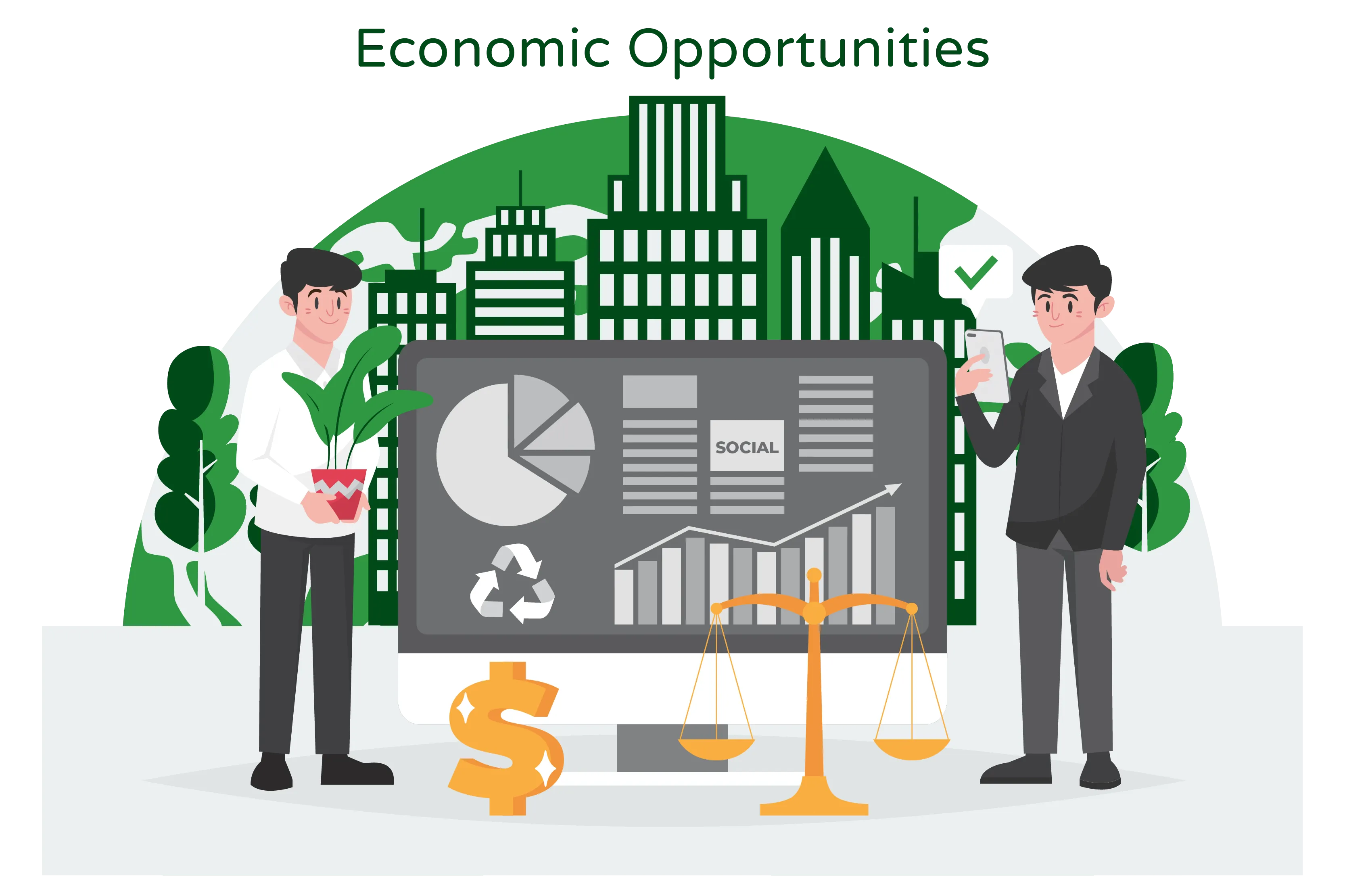 Illustration titled ‘Economic Opportunities.’ In the foreground, two men are depicted. One is holding a pot of plant, symbolizing environmental sustainability and green initiatives, while the other is holding a cell phone, representing technological advancements. In the more front of the illustration, there is a sign of a dollar and a scale of equity, suggesting economic prosperity and fair distribution of resources. In the background, there are buildings and economic charts, indicating a growing economy and social opportunities. The illustration conveys the idea that economic opportunities arise from a combination of environmental sustainability, technological advancements, and equitable distribution of resources. It symbolizes the potential for economic growth, prosperity, and social progress when these factors are integrated. Overall, the illustration visualizes the positive relationship between economic opportunities, environmental consciousness, and technological advancements, highlighting the potential for a thriving economy with social inclusivity.