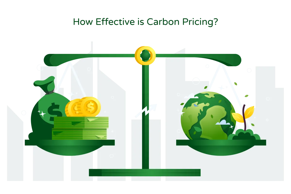 Illustration titled ‘How Effective is Carbon Pricing?’ featuring a scale metaphor. On one side of the scale, there is a representation of a sustainable Earth, symbolizing environmental well-being. On the other side, there is a depiction of a bag filled with cash and dollars, representing economic benefits. The illustration conveys the concept that implementing carbon pricing can lead to a more sustainable Earth by creating a balance between economic prosperity and environmental conservation. It suggests that carbon pricing can contribute to both financial gains and a healthier planet.