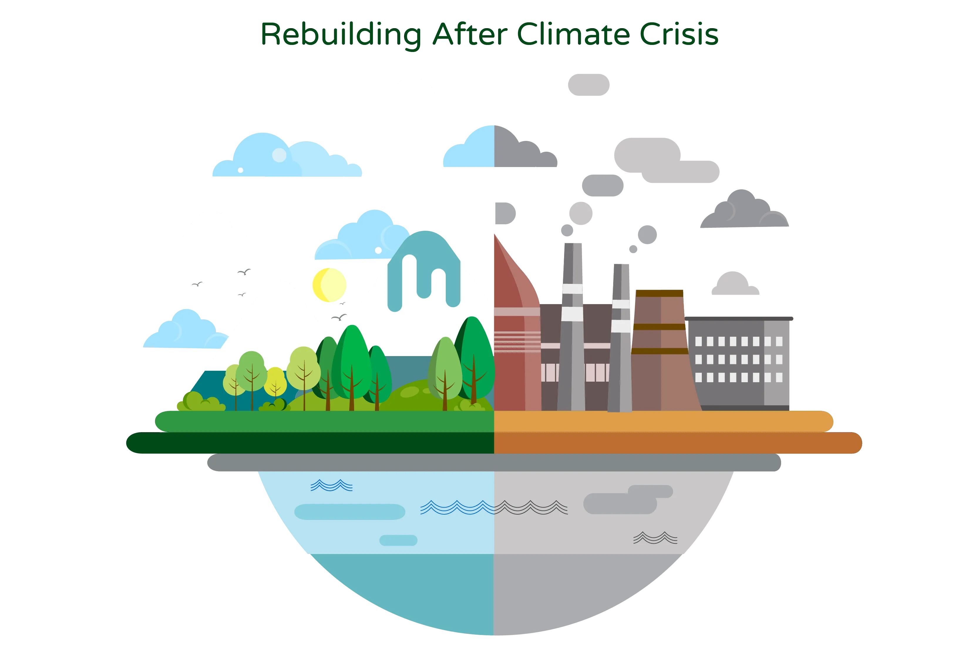 Illustration titled ‘Rebuilding After Climate Crisis.’ The illustration presents a half globe divided into two parts. The left side represents the negative impacts of climate change, showcasing its devastating effects such as extreme weather events, rising sea levels, and loss of biodiversity. The right side portrays the same region after recovery from the climate crisis. Various positive changes, such as increased funding, sustainable practices, and adaptation measures, are depicted, symbolizing the efforts taken to mitigate and rebuild in the aftermath of climate change.
