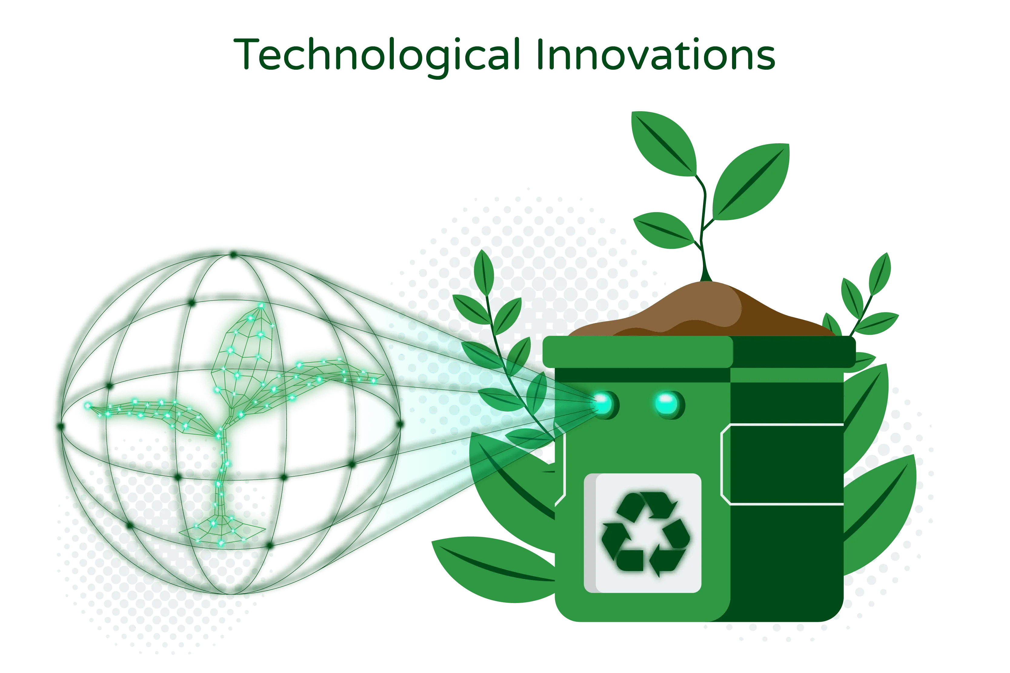 Illustration titled ‘Technological Innovations.’ The illustration features a small house with leaves in the background, symbolizing nature and sustainability. In the foreground, there is an imaginary globe with eyes, representing a visionary perspective. Inside the globe, a technological innovation is depicted as a germinating plant with two leaves, signifying the early stages of growth. The overall illustration conveys a futuristic and technological theme.