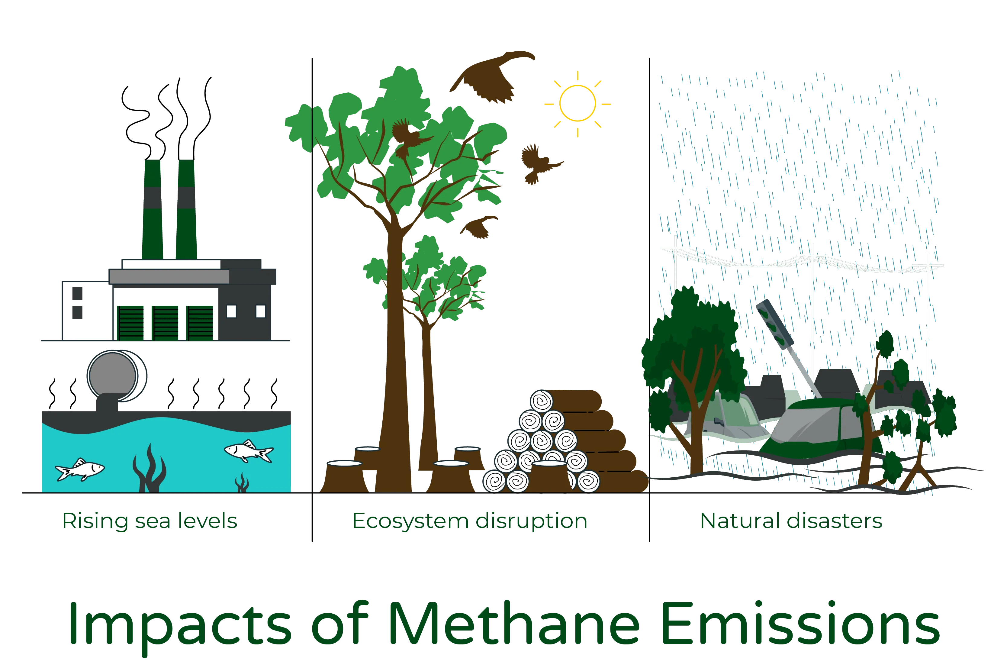Illustration titled ‘Impacts of Methane Emission.’ The image showcases three distinct scenarios highlighting the detrimental effects of methane emissions. In the first scenario, an industrial facility is depicted with polluted water being discharged directly into the sea. This visually represents the harmful impact on marine life, as well as the consequences of rising sea levels attributed to methane emissions.  Moving to the second scenario, the illustration portrays a scene where trees are being cut down, symbolizing deforestation. As a result, birds are shown flying away, illustrating the disruption of ecosystems caused by methane emissions. This scenario serves as a reminder of the far-reaching consequences of human activities on the natural world.  Finally, the third scenario portrays a flooded area with a car submerged in water alongside trees. This depiction represents the occurrence of natural disasters triggered by methane emissions, such as severe flooding. The inclusion of the car and trees emphasizes the scale of destruction and the potential risks posed to both human infrastructure and the environment.  Overall, the ‘Impacts of Methane Emission’ illustration underscores the multifaceted consequences of methane emissions across different domains. It draws attention to the ecological disruptions, rising sea levels, and the heightened occurrence of natural disasters associated with methane emissions, urging viewers to consider the urgency of addressing this issue.