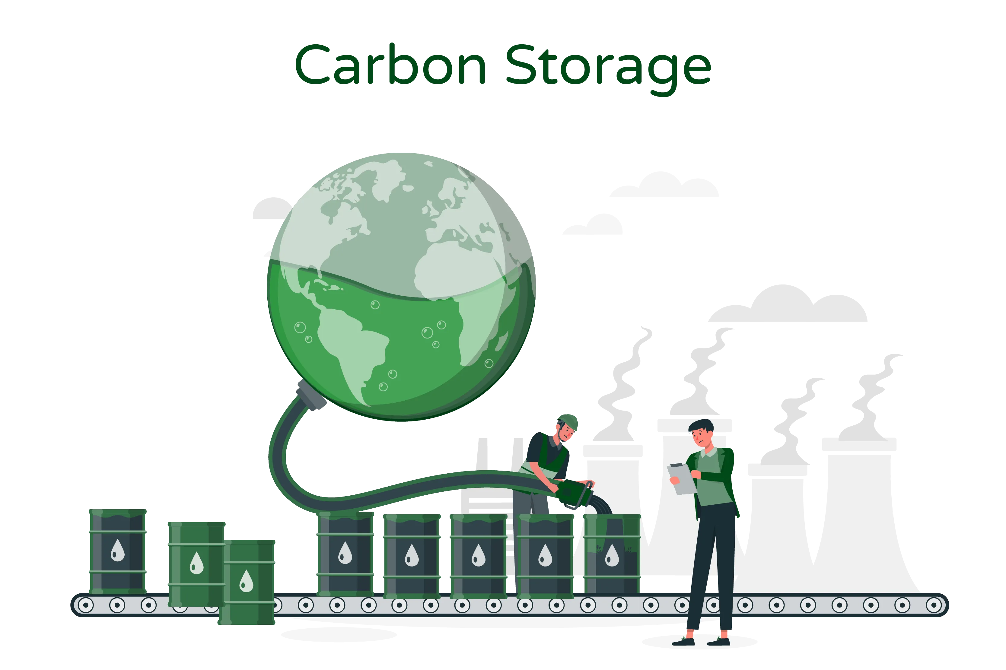 Illustration titled ‘Carbon Storage’ showcases the concept of trapping and storing carbon dioxide (CO2) to mitigate climate change. The image features two individuals resembling petrol pump attendants filling large containers with carbon dioxide. The pump’s pipe connects to the Earth, symbolizing the extraction of CO2 from underground sources.  This illustration visually represents the idea presented in the accompanying paragraph. It highlights the analogy of trapping CO2 like a villain in a superhero story and emphasizes the existence of carbon storage solutions as superheroes. The individuals filling the containers represent the implementation of diverse strategies to capture and store CO2, preventing its release into the atmosphere and the resulting climate warming effect.  Overall, the ‘Carbon Storage’ illustration conveys the concept of carbon capture and storage, where CO2 is captured from underground sources and stored, highlighting the potential of these solutions to combat climate change by reducing CO2 emissions.