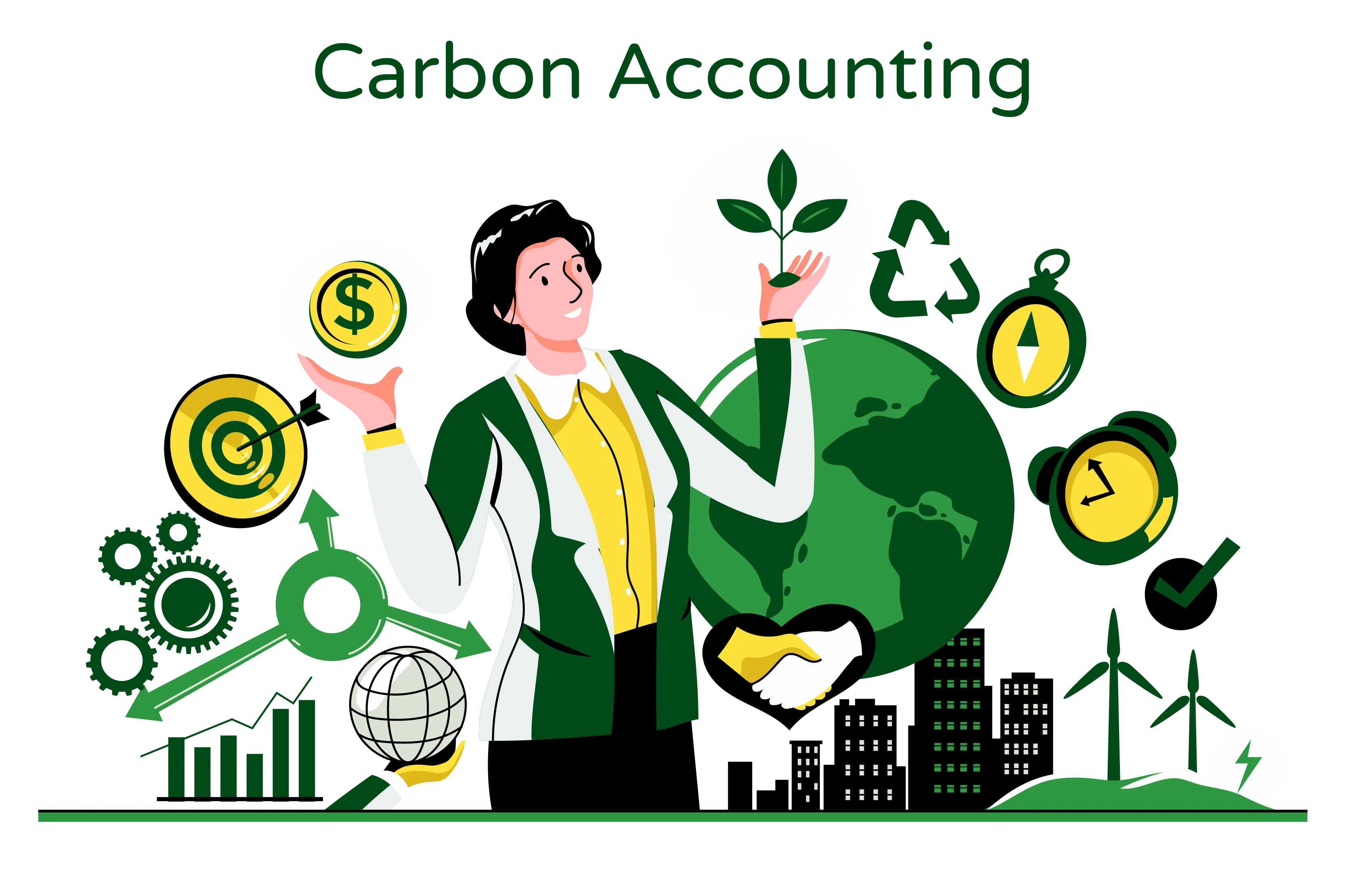 llustration titled ‘Carbon Accounting’ depicts a female holding a dollar in one hand and a plant in the other, with a globe in the background. The image also includes symbols representing sustainability, a clock, and turbines. On the other side, there is an economic graph. The illustration symbolizes the transformative potential of carbon accounting methods as described in the accompanying paragraph.”  The illustration visually represents the concept of carbon accounting, aligning with the title and paragraph. The woman holding a dollar and a plant represents the dual focus of balancing economic considerations and environmental sustainability. The presence of a globe signifies the global impact and interconnectedness of carbon accounting efforts.  Symbols such as the sustainability sign, clock, and turbines convey the urgency of addressing the climate emergency and the need for sustainable practices. On the other side, the economic graph represents the recognition that carbon accounting goes beyond compliance—it is about integrating sustainability into responsible corporate citizenship and leading the way towards a more sustainable future.  Overall, the ‘Carbon Accounting’ illustration visually captures the idea presented in the paragraph by depicting the transformative potential of carbon accounting methods, highlighting the importance of understanding a business’s environmental impact as intimately as its financial bottom line in the face of the climate crisis.