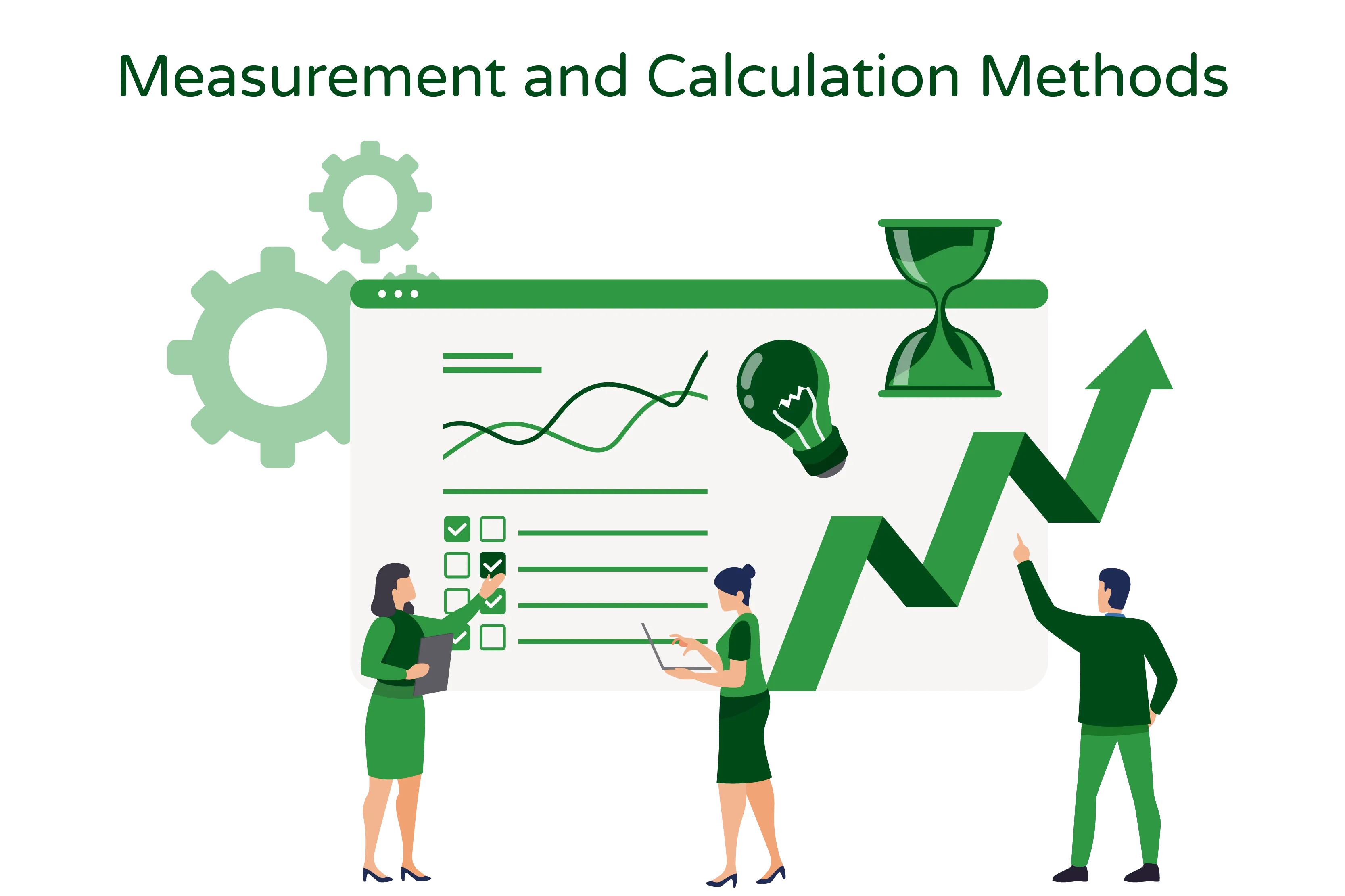 Illustration titled ‘Measurement and Calculation Methods’ showcases three individuals and a large screen displaying various measurement methods, including graphs, lines, true and false indicators, with a lightbulb symbol in one corner and settings symbols in the other corner.”  The illustration visually represents the concept of measurement and calculation methods in carbon accounting, as indicated by the title. The three individuals symbolize the engagement and involvement of people in the process of measuring and calculating data.  The central focus of the illustration is a large screen that displays different measurement methods, such as graphs and lines, representing data visualization and analysis. The presence of true and false indicators suggests the evaluation and assessment of data accuracy. The lightbulb symbol may signify insights or discoveries derived from the data analysis process.  In one corner of the screen, settings symbols are visible, indicating the customizable nature of the measurement and calculation methods, allowing for adjustments and configurations as needed.  Overall, the ‘Measurement and Calculation Methods’ illustration visually represents the process of collecting, analyzing, and interpreting carbon data through various methods. It underscores the importance of accurate measurement and calculation techniques in decision-making and problem-solving endeavors.