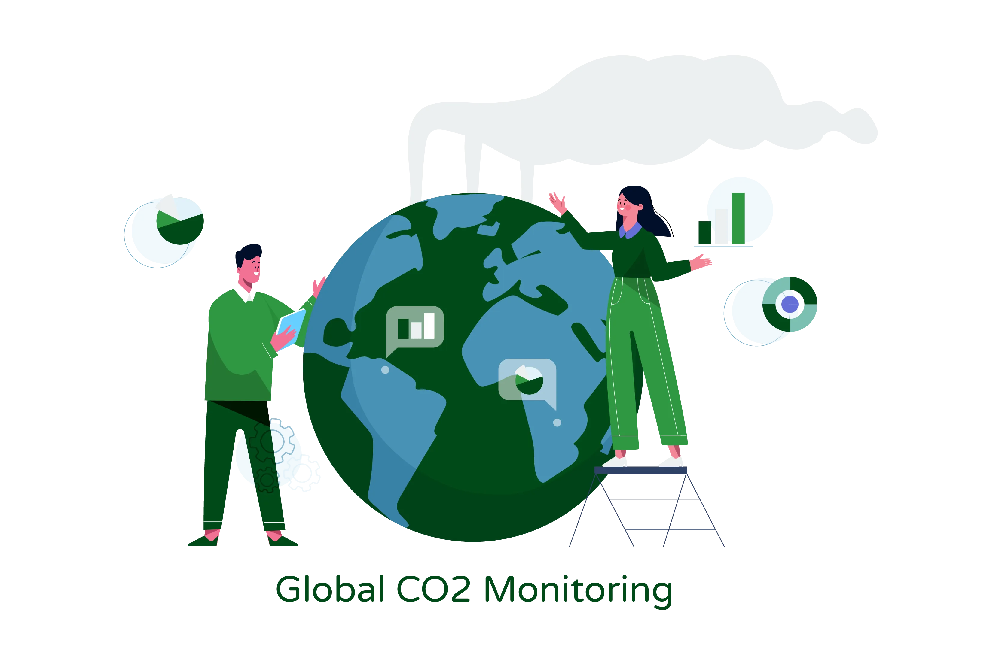 Illustration titled ‘Global CO2 Monitoring’ featuring a globe emitting CO2 and two people monitoring it with graphs and technology.”  The illustration depicts a central element, a large globe emitting CO2, symbolizing global carbon dioxide emissions. Surrounding the globe, there are two individuals engaged in monitoring and analyzing CO2 levels using various tools and technologies.  The two people are shown using graphs and technology to track and analyze the CO2 emissions. They may be observing data on screens, interacting with sensors or instruments, or studying charts and graphs related to CO2 levels. This signifies their role in monitoring and assessing the global CO2 situation.  The illustration aims to represent the importance of monitoring CO2 emissions on a global scale and the utilization of advanced technology and data analysis in this process. It emphasizes the significance of understanding and tracking CO2 levels to address climate change and make informed decisions about mitigation strategies.
