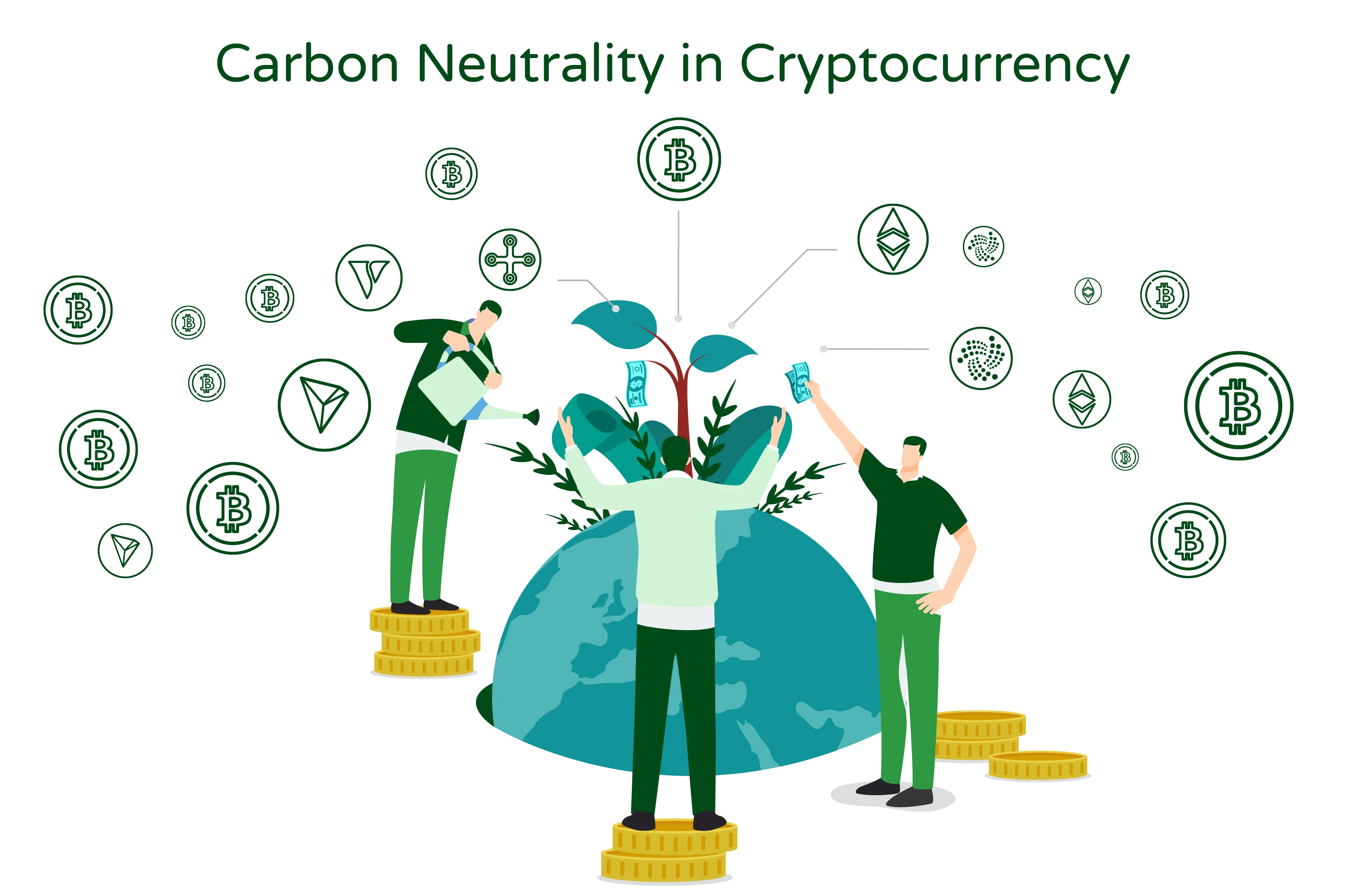 Illustration titled ‘Carbon Neutrality in Cryptocurrency’ featuring a globe with plants emerging from it and three individuals with Bitcoin and other cryptocurrency symbols on either side.” The illustration depicts a central element, a globe symbolizing the Earth, with plants growing out of it. This represents the concept of carbon neutrality and sustainability. The plants symbolize the natural environment and the importance of reducing carbon emissions. On either side of the globe, there are three individuals, each associated with different cryptocurrency symbols such as Bitcoin and other crypto coins. This signifies the involvement of the cryptocurrency industry in achieving carbon neutrality. The illustration aims to showcase the idea of carbon neutrality within the cryptocurrency sector, emphasizing the need for environmentally friendly practices. It suggests that individuals involved in cryptocurrencies can play a role in promoting sustainability and reducing carbon emissions.