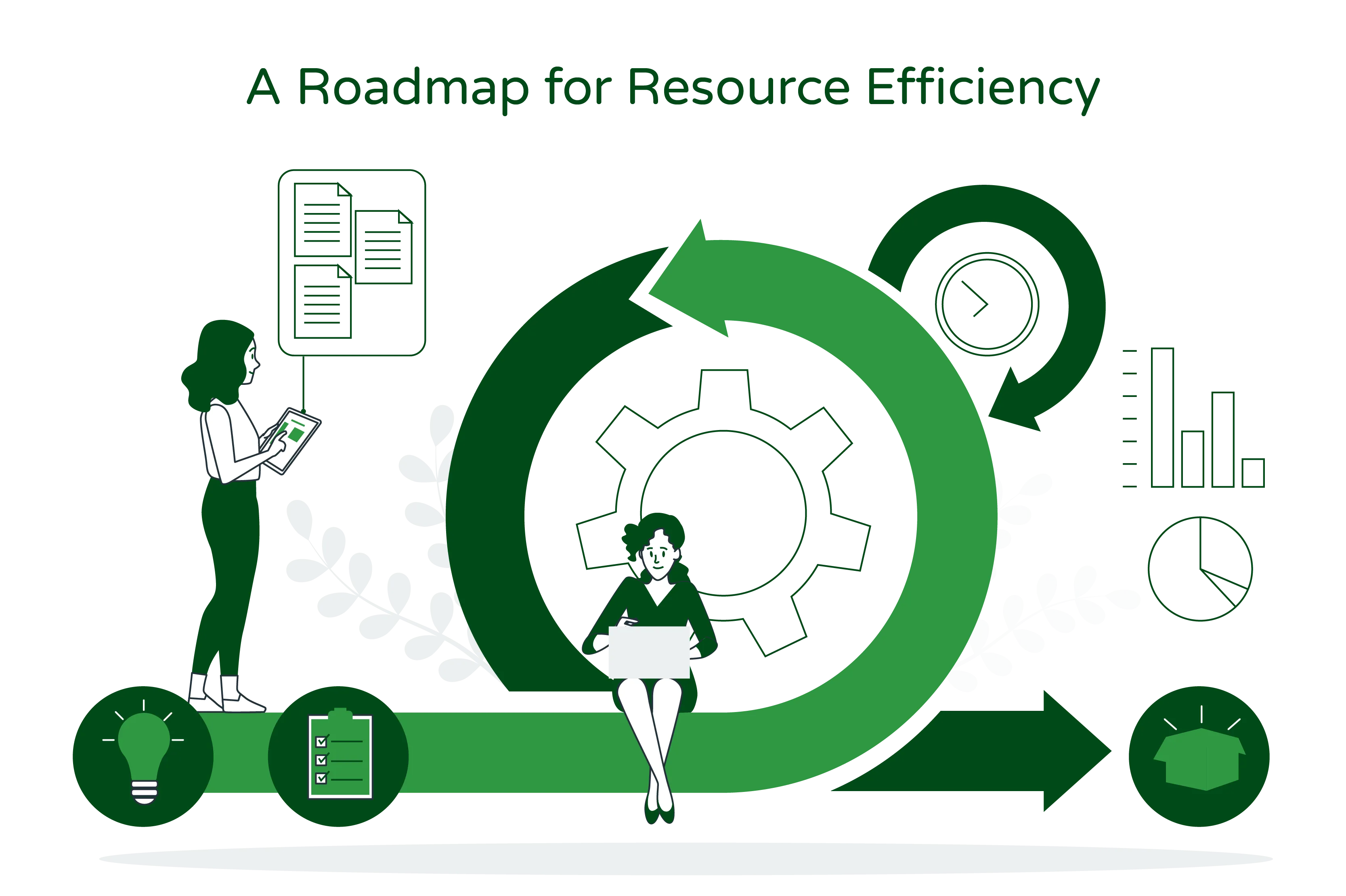 “Illustration titled ‘A Roadmap for Resource Efficiency’ featuring two women working on laptops on a large roadmap.” The illustration depicts two women sitting on a roadmap and working on their laptops. The roadmap represents a visual guide or plan for achieving resource efficiency. The women’s engagement with their laptops suggests that they are actively involved in the implementation and execution of strategies related to resource efficiency. The title, “A Roadmap for Resource Efficiency,” indicates the main focus of the illustration, highlighting the importance of planning and strategic decision-making in optimizing resource usage. It suggests that the depicted individuals are working collaboratively to develop and follow a structured roadmap that aims to improve efficiency in resource management. The image represents the dedication and commitment of the women to finding sustainable solutions and maximizing the utilization of resources. Their presence on the roadmap implies their active role in navigating the path towards resource efficiency.