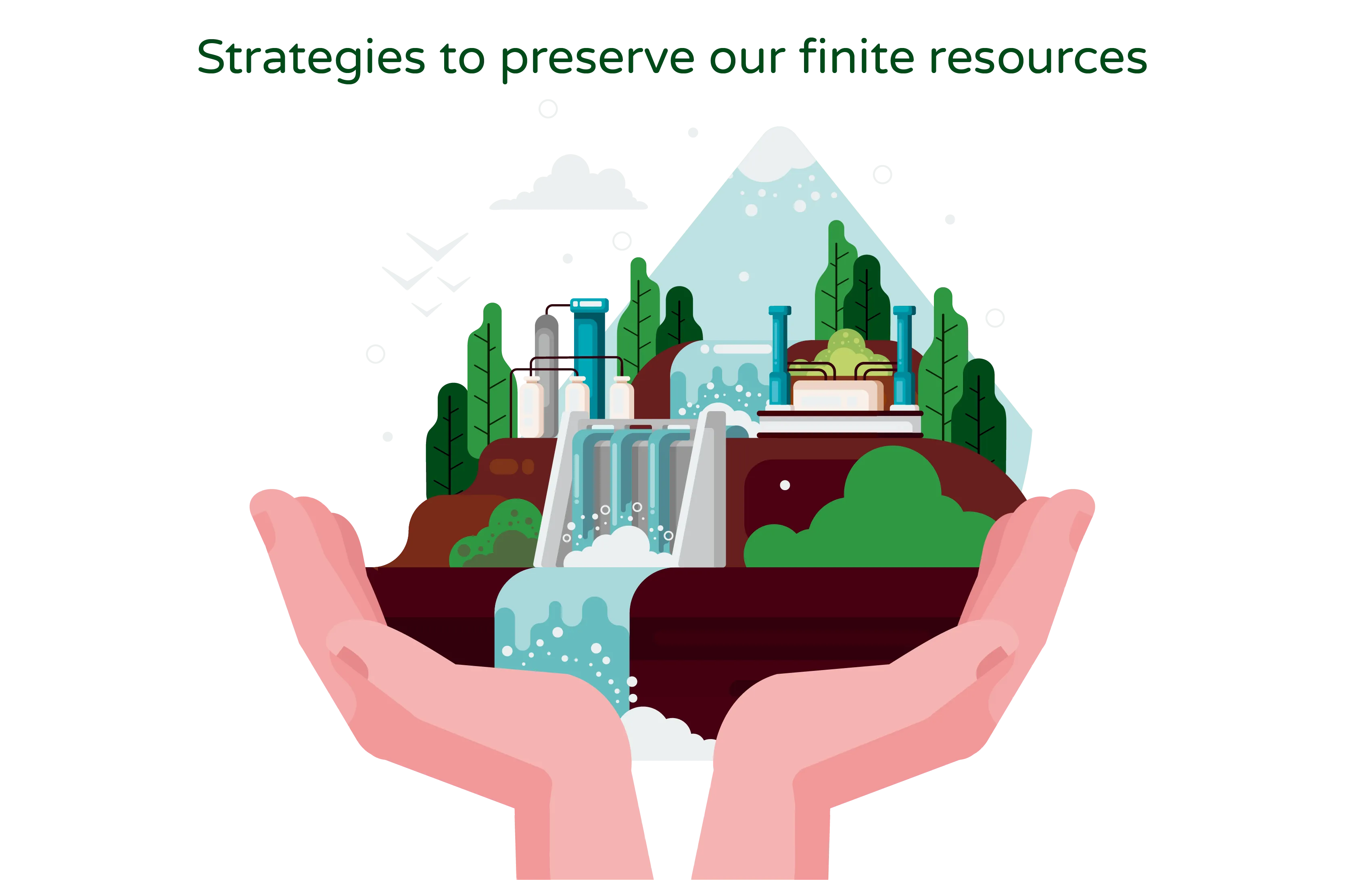 “Illustration titled ‘Strategies to Preserve Our Finite Resources’ featuring two hands cradling the Earth with a focus on conserving and caring for finite resources.” The illustration depicts two large hands gently holding the Earth, symbolizing the responsibility and importance of preserving our finite resources. The hands convey a sense of care and protection towards the planet and its valuable resources. The title, “Strategies to Preserve Our Finite Resources,” suggests that the illustration showcases various approaches and methods to ensure the sustainable management and conservation of limited resources. It highlights the need for proactive measures and strategies to mitigate resource depletion and promote responsible resource usage. The image emphasizes the significance of water, natural oils, gas, and other finite resources by showcasing them as part of the Earth held within the hands. This visual representation implies a sense of stewardship and the idea that it is our collective responsibility to safeguard these resources for future generations. Overall, the illustration promotes awareness and encourages the adoption of sustainable practices to preserve and protect our finite resources.