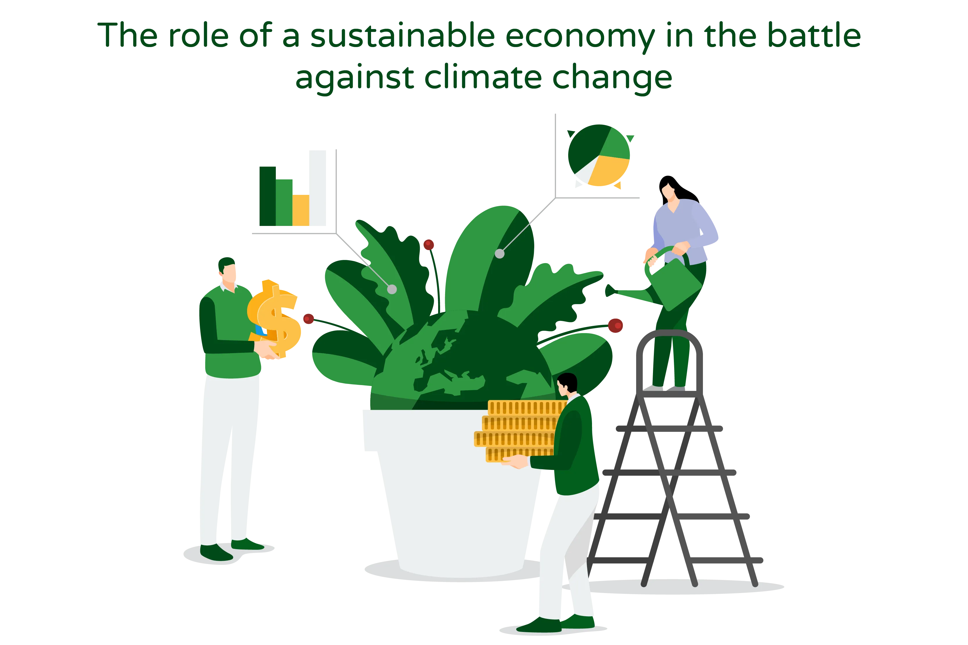 “Illustration titled ‘The Role of a Sustainable Economy in the Battle Against Climate Change’ featuring three individuals and a globe inside a pot, surrounded by economy charts and coins, with one person watering the globe.” The image depicts three people gathered around a large pot, symbolizing the concept of a sustainable economy. The title, “The Role of a Sustainable Economy in the Battle Against Climate Change,” suggests that the illustration represents the significance of an environmentally conscious economic system in addressing climate change. Inside the pot, a globe can be seen, colored in green to signify environmental sustainability. This represents the planet and emphasizes the connection between a sustainable economy and the health of the Earth. Surrounding the pot are various economy charts and coins, symbolizing economic activities and financial aspects. This indicates that a sustainable economy involves considerations of economic growth, investment, and financial systems. One of the individuals is shown watering the globe, symbolizing the nurturing and care required to sustain a healthy planet within the context of economic activities. This gesture implies the need for sustainable practices and responsible resource management. Overall, the illustration conveys the message that a sustainable economy plays a crucial role in the fight against climate change. It emphasizes the importance of balancing economic development and environmental stewardship, suggesting that sustainable economic practices are essential for a healthier and more resilient future.