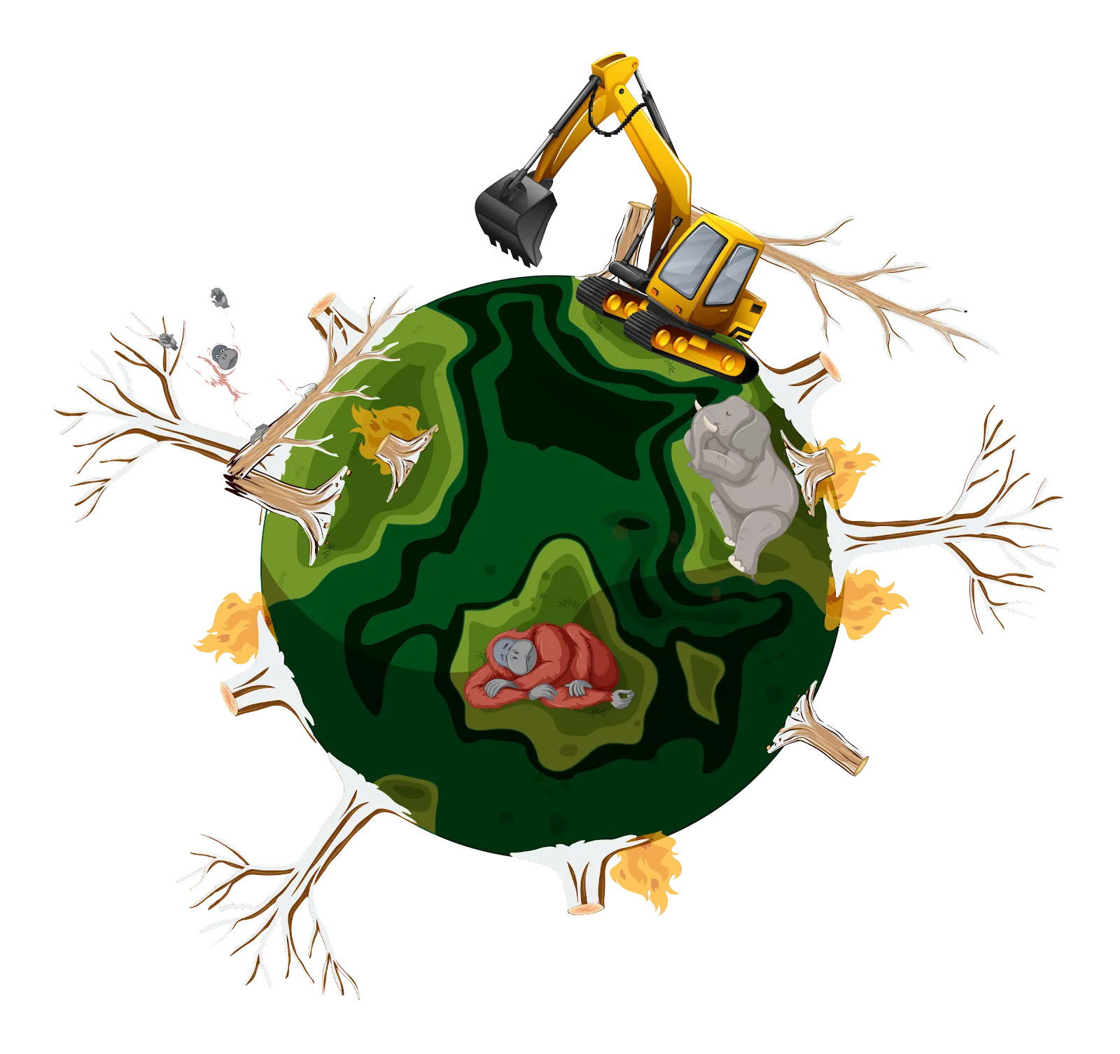 An image titled “Deforestation” showing a globe with trees being cut down along each edge. A crane is positioned on top of the globe, symbolizing human intervention. Animals around the globe are depicted suffering from anxiety due to deforestation, highlighting the negative impact of deforestation on wildlife.