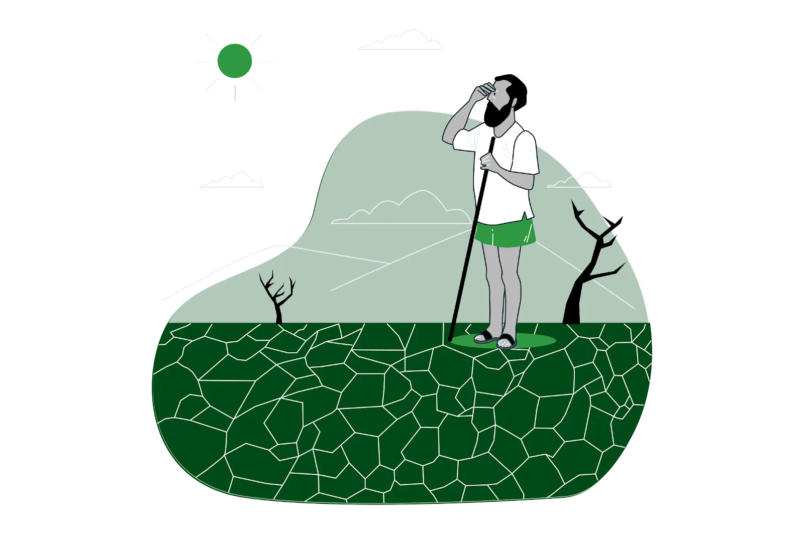  An image titled “Impact of deforestation on soil erosion” depicting a man standing on eroded soil, searching for trees. The surrounding area shows severe soil erosion with little to no vegetation, and two trees standing with no leaves on them, indicating the damaging effects of deforestation on soil health and tree loss.