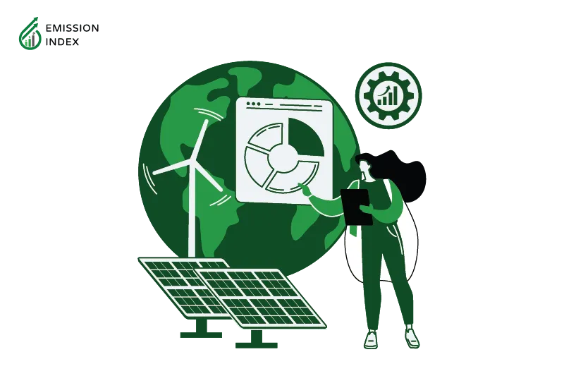 A globe with a person standing outside, symbolizing the technological limitations of renewable energy. The illustration depicts solar panels and wind turbines, representing efficiency constraints in converting sunlight and wind into electricity. Research and development are shown as key elements to overcome these limitations and improve the efficiency of clean technology for better harnessing renewable energy.