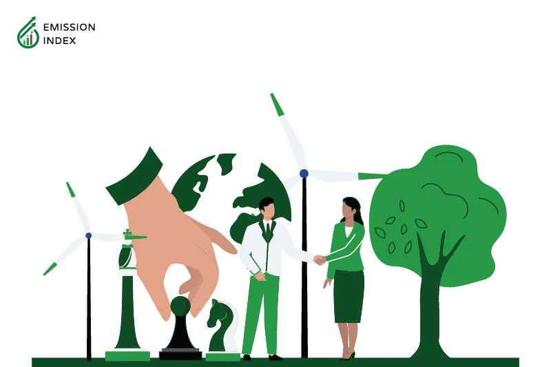 A giant hand playing chess with a man and woman shaking hands next to it. Behind them are wind turbines and trees.