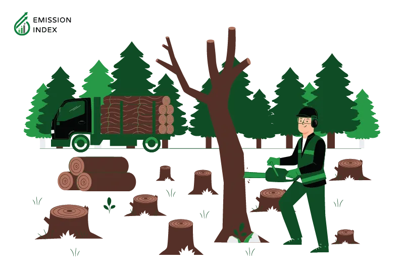 Illustration titled ‘Understanding Deforestation.’ The image depicts a person cutting trees in the forest. The purpose of the illustration is to showcase the ongoing crisis of deforestation and its rapid and widespread impact on our planet. It raises questions about the drivers behind such destructive actions and emphasizes the global implications of this environmental predicament.