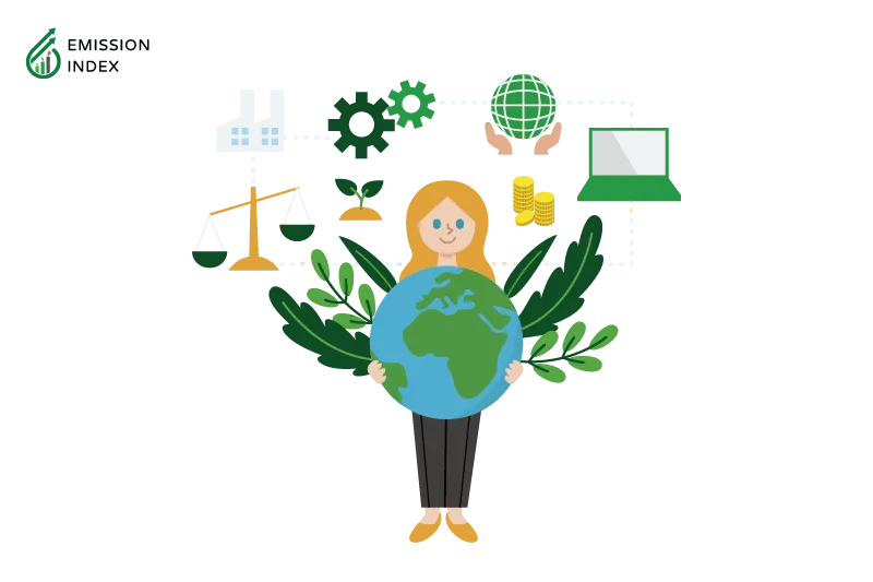 Illustration titled ‘Individual Contributions to Deforestation Solutions.’ The image features a girl holding a globe in the background, symbolizing her concern for the environment. The purpose of the illustration is to showcase how individuals can play a role in addressing deforestation. The girl is depicted engaging in various activities, such as supporting sustainable businesses, educating others about deforestation, and planting trees locally. These actions are shown to collectively impact the goal of reversing the effects of deforestation. The illustration emphasizes that although individual efforts may seem small in isolation, they can make a meaningful difference when united in the pursuit of sustainable solutions.