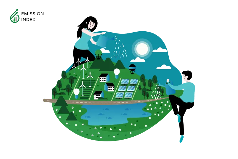 Illustration titled ‘Embracing Renewable Energy for a Sustainable Business Future.’ The image depicts a futuristic scene with a green Earth, symbolizing a sustainable and eco-friendly environment. In the illustration, two people are seen watering the green Earth, representing the responsible and active role businesses can play in adopting renewable energy. The purpose of the illustration is to showcase how embracing renewable energy is a forward-thinking and crucial step for businesses to build a sustainable future. By using renewable energy sources, companies can reduce their carbon footprint, lower operational costs, enhance their reputation as responsible corporate citizens, and foster a stable business environment. The illustration also highlights the positive impact on overall energy security and employee engagement.