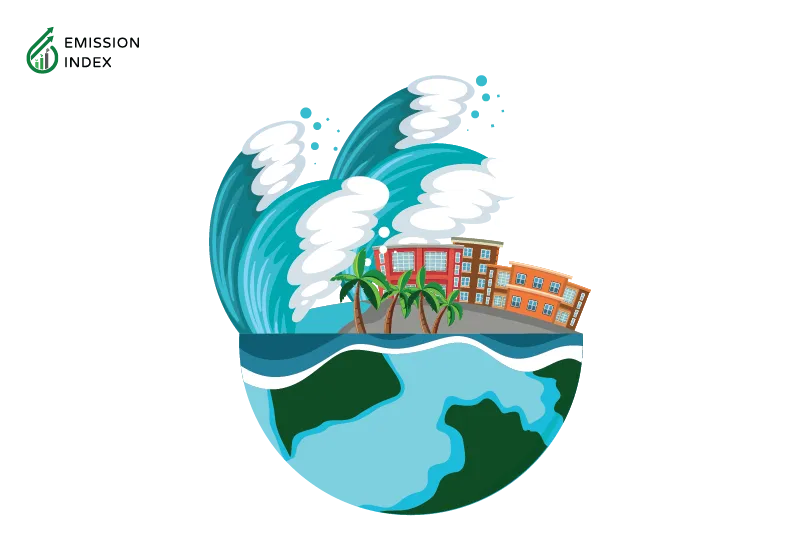 Illustration titled ‘Pioneering Countries in Wave Energy’ featuring an intense sea wave enveloping half of a globe. The powerful wave signifies the vast potential of ocean energy. The other half of the globe displays a scene of buildings and daily life, representing countries at the forefront of wave energy innovation. The illustration showcases how these pioneering nations embrace renewable wave energy to power their societies and lead the way towards a sustainable future.