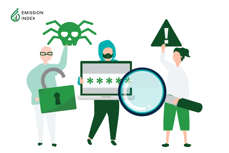 Illustration titled ‘Vulnerabilities and Disruptions.’ The image shows three people carrying an alert sign, a cyber security sign, and an unlocked lock. Renewable energy contributes significantly to energy security by addressing vulnerabilities and disruptions in the energy sector. The illustration highlights three critical areas: weather events, cyber-attacks, and global market disturbances. Renewable energy sources like solar and wind offer decentralized and distributed generation options, reducing vulnerabilities of central infrastructure during severe weather events. The illustration emphasizes the importance of cybersecurity in the renewable energy sector and how renewable energy sources are less influenced by global events, contributing to greater energy security.
