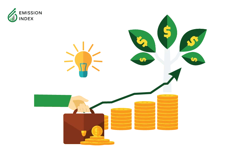  Illustration titled ‘Job Creation and Economic Growth.’ The image depicts the economic benefits of renewable energy, with dollar coin symbols representing economic growth. A plant with a money symbol on it signifies the potential for financial prosperity, and a hand picking up a bag of money symbolizes job creation. The illustration showcases how utilizing renewable energy sources can contribute to bolstering economies and creating employment opportunities.