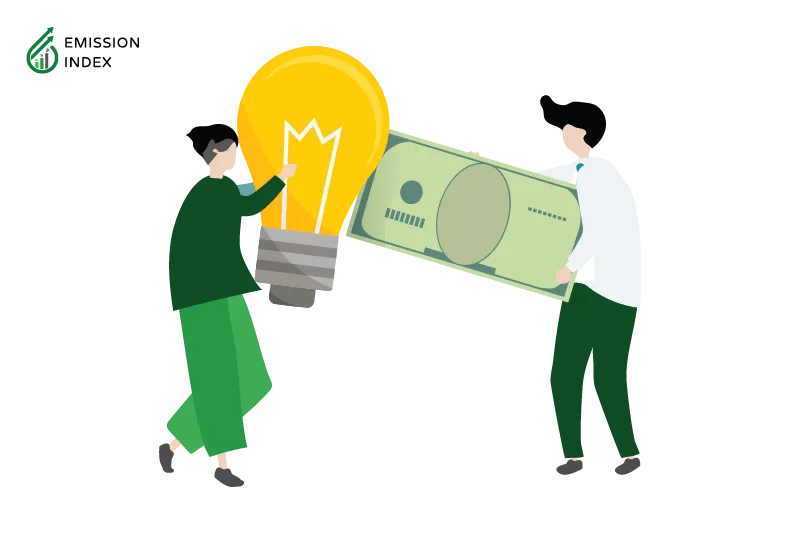  Illustration titled ‘Lowering Energy Costs.’ The image shows two people engaged in an energy transaction, one selling energy and the other buying energy with money. The illustration highlights how renewable energy solutions can lead to reduced energy costs for consumers, governments, and businesses.