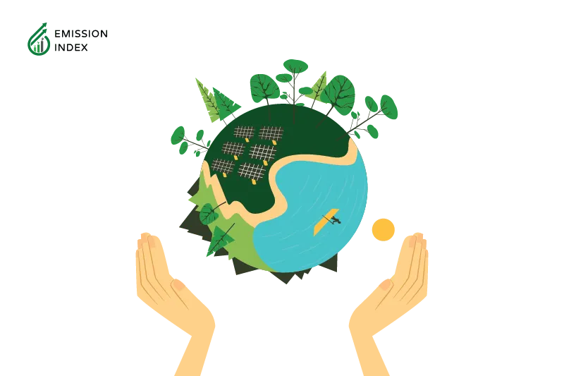 Illustration titled ‘Benefits of Renewable Energy.’ The image features two hands carrying a green sustainable globe, symbolizing the advantages of renewable energy. Harnessing power from natural sources like sunlight, wind, and water brings long-term benefits for the environment, the economy, and society.