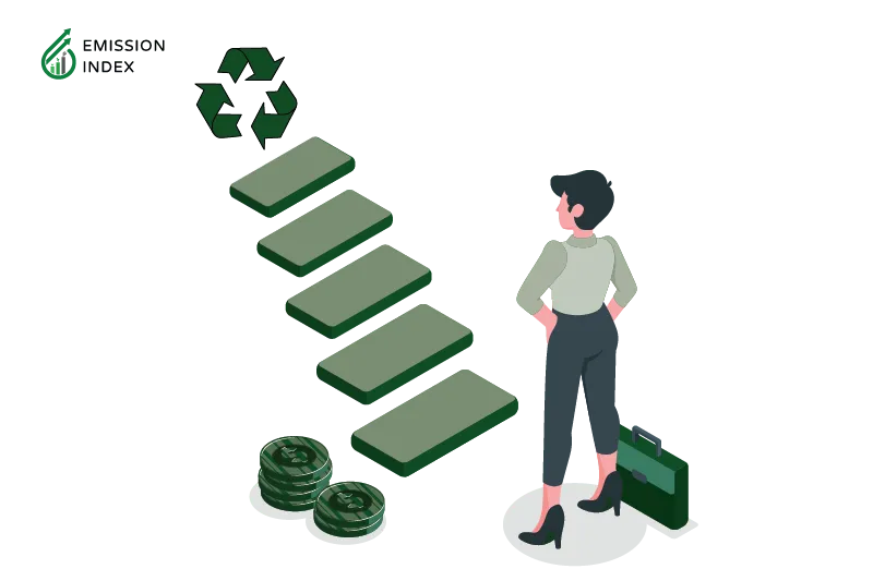 Illustration titled ‘Challenges and Barriers.’ The image shows a man standing in front of a sustainability logo, with several hurdles in between. The illustration symbolizes the challenges and barriers hindering the widespread adoption and implementation of renewable energy policies. These obstacles can be categorized into three main areas: policy implementation, economic factors, and public perception.