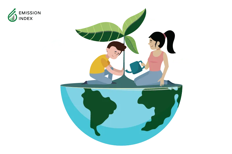 Illustration titled ‘Policy Changes for Climate Change Education.’ The image features a half-globe representing the Earth, with a girl and a boy sitting on top of it, actively planting a tree to promote a clean and green environment. The illustration symbolizes the importance of policy changes to support effective climate change education. Policies can include clear mandates for climate change education, allocation of necessary resources, and creating an enabling environment for successful implementation.