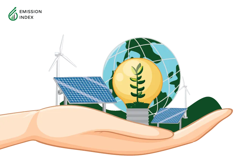 Illustration titled ‘All About Solar Energy.’ The image features a hand carrying a sustainable Earth environment, with solar panels, turbines, and a green globe. The illustration highlights solar energy as a promising and accessible renewable energy source that provides clean and efficient electricity generation. Solar power benefits the environment, economy, and daily lives, and this section will explore its various aspects, from basic principles to practical applications and common misconceptions. Understanding the potential of solar power can inform decisions on harnessing this renewable resource for a greener future, complementing other sustainable energy methods like wind, geothermal, and hydropower to create a resilient and eco-friendly world.
