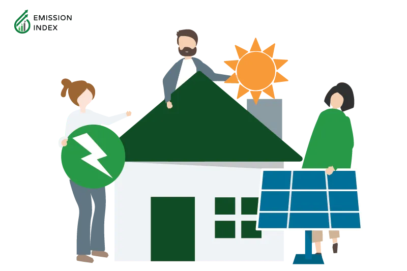 Illustration titled ‘How to Implement Solar Energy in Your Life.’ The image features three people with a house and solar panels, carrying energy. The illustration symbolizes the process of integrating solar energy into your life. By considering potential changes in future energy usage, such as adding an electric vehicle or expanding living space, you can understand your unique energy profile and make informed decisions when selecting a solar energy system.