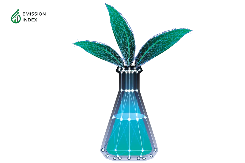 Illustration titled ‘Biomass Energy Technologies.’ The image features a scene of a biomass energy technology vase with three leaves coming out, symbolizing innovative technology with neon green lights. Biomass energy is a promising alternative to traditional fossil fuel-based sources for a sustainable future. The illustration showcases how biomass resources are converted into usable energy forms like electricity, heat, and transportation fuels through four key technologies: direct combustion, gasification, anaerobic digestion, and pyrolysis.