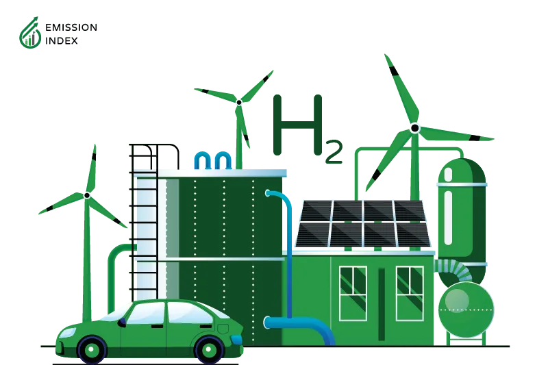Illustration titled ‘Benefits of Green Hydrogen.’ The image features hydrogen pumps in various applications, including cars and turbines. The illustration showcases the positive environmental impact of green hydrogen, as its production and consumption do not release harmful greenhouse gases or pollutants. The eco-friendly process of producing green hydrogen emits only water vapor as a by-product.