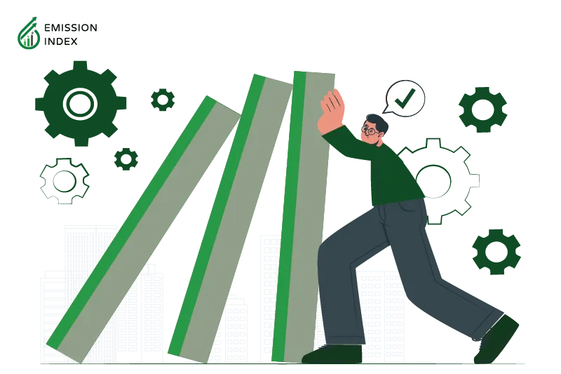 Illustration titled ‘Challenges and Limitations.’ The image depicts a man pushing against obstacles symbolizing the challenges faced by hydrogen fuel cells. While promising alternatives to traditional energy sources, hydrogen fuel cells have limitations that need to be addressed. This section explores key challenges, including hydrogen production and storage, cost barriers, and infrastructure development.