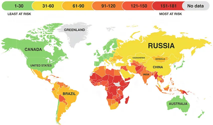 Map showing the countries most likely to be affected by climate change