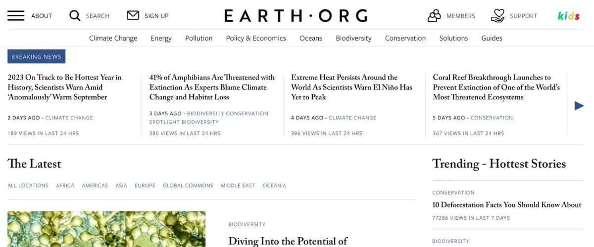 Screenshot of the user experience and navigation of the Earth.org website.