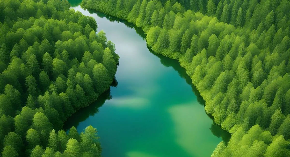 Dense, healthy forests surrounding a water body in a heart shape, representing nature in its pristine form