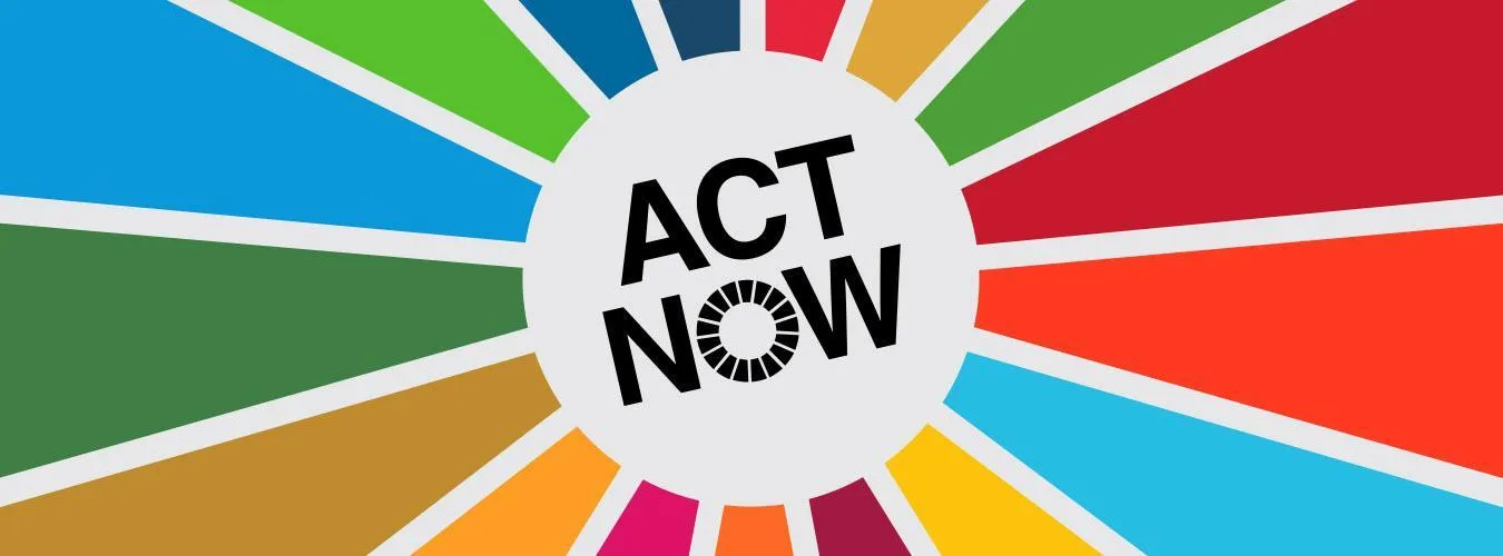 Vibrant radial design urging immediate action on pressing issues. The ‘ACT NOW’ centre signals urgency.