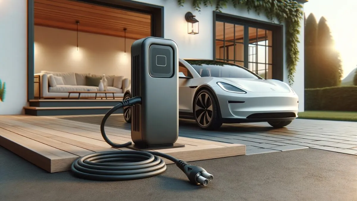 Photo realistic scene of a modern untethered electric vehicle charger for home use. Its design is minimalistic and efficient. Next to it lies a separate charging cable, ready for connection. The background is a stylish home exterior, reinforcing the domestic use of the equipment.