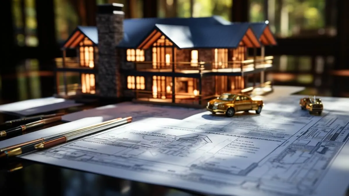 An image of a detailed miniature wooden house model placed on top of architectural plans. The house is lit from within, displaying warm glowing windows. There are also two small car models beside the house. The setting seems to be on a wooden table with the backdrop of a forest seen through large windows, suggesting a possible architect’s or designer’s workspace.